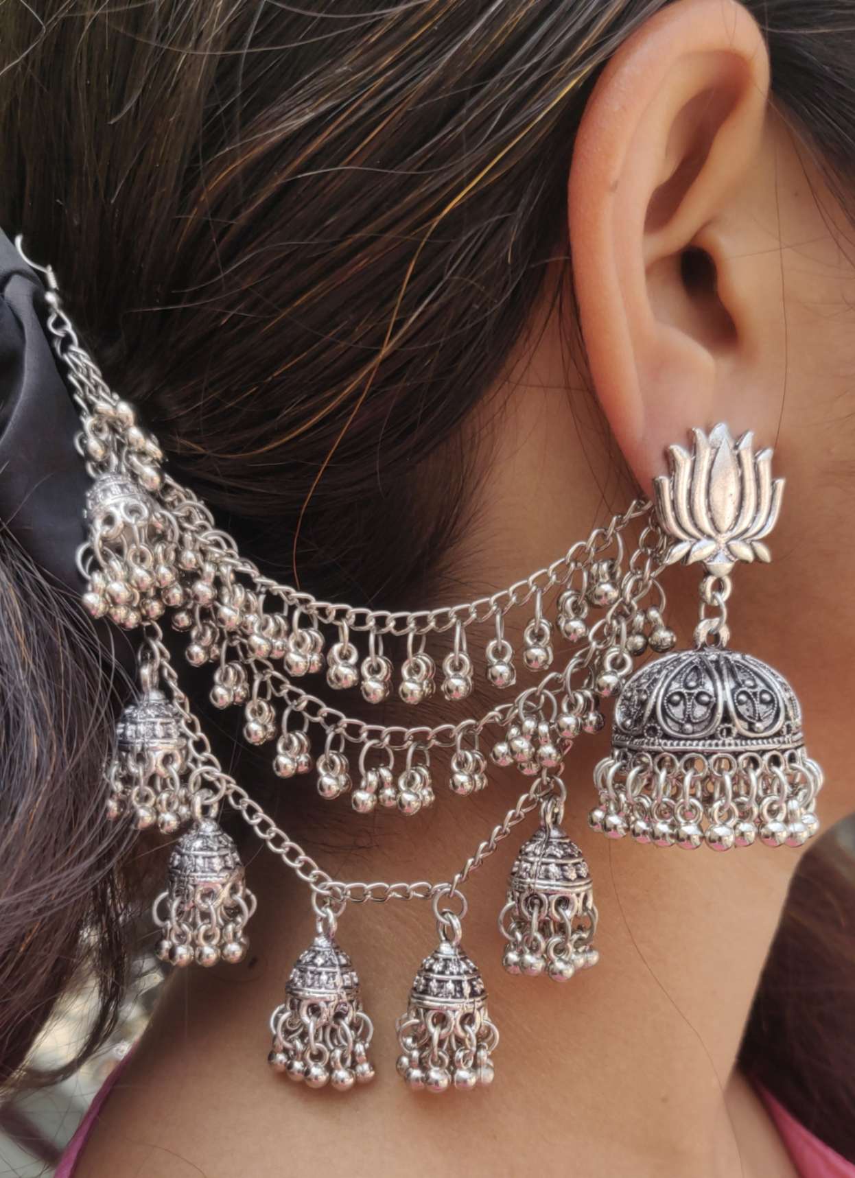 Silver Oxidised Lotus Jhumka with Ghungroo Hair Chain