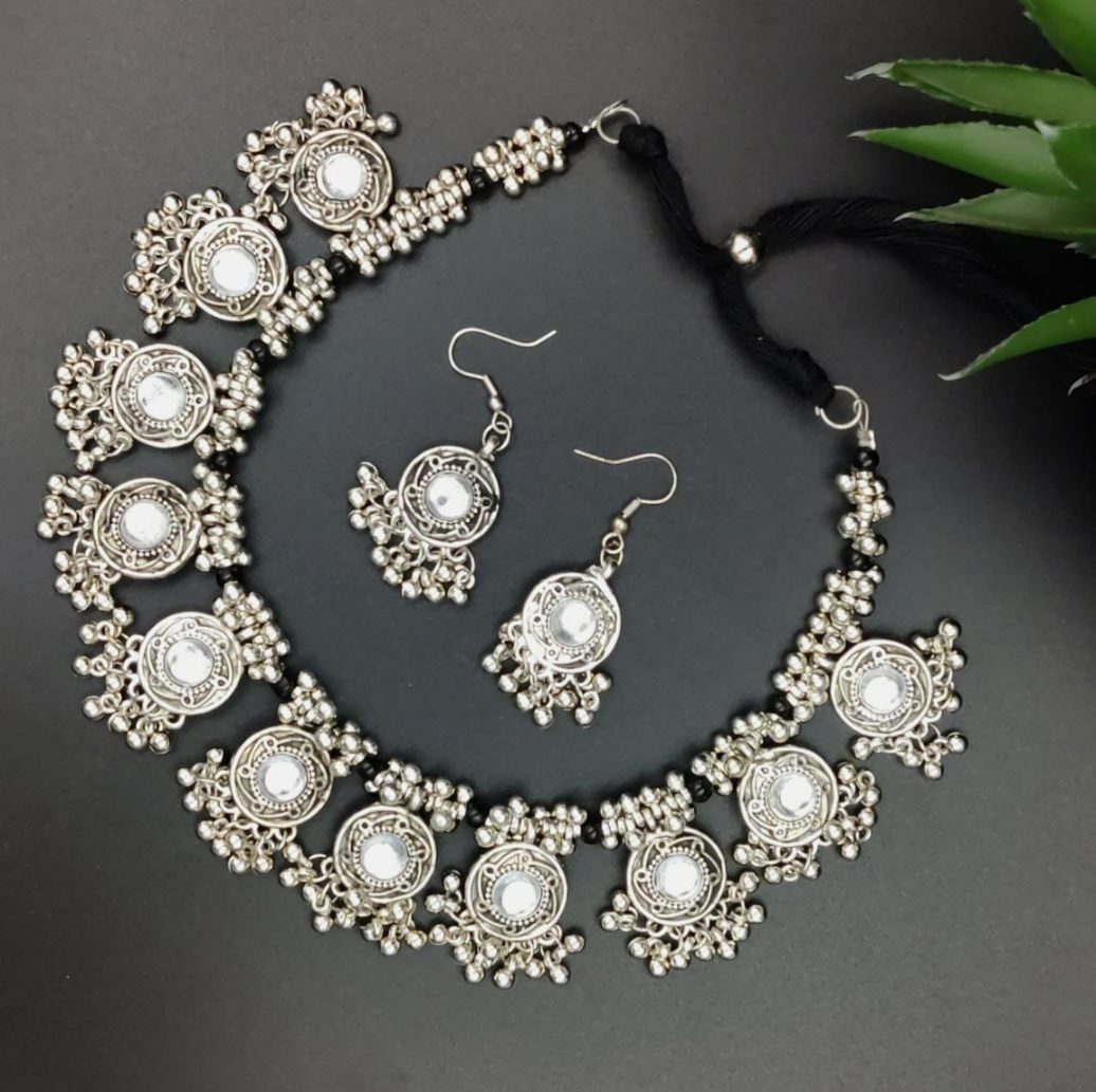 Oxidised Silver Mirror Choker Necklace Set with Ghungroo Drops