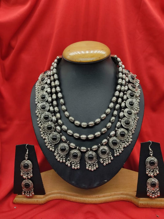 Afghani Oxidised Silver Multi-Layer Black Stone Necklace Set