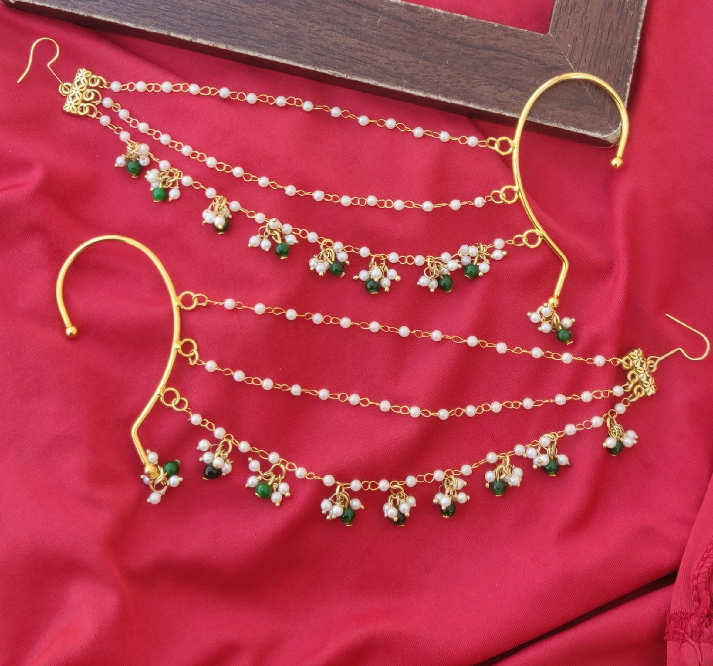 Gold Plated Pearl & Green Bead Ear Chain Earrings