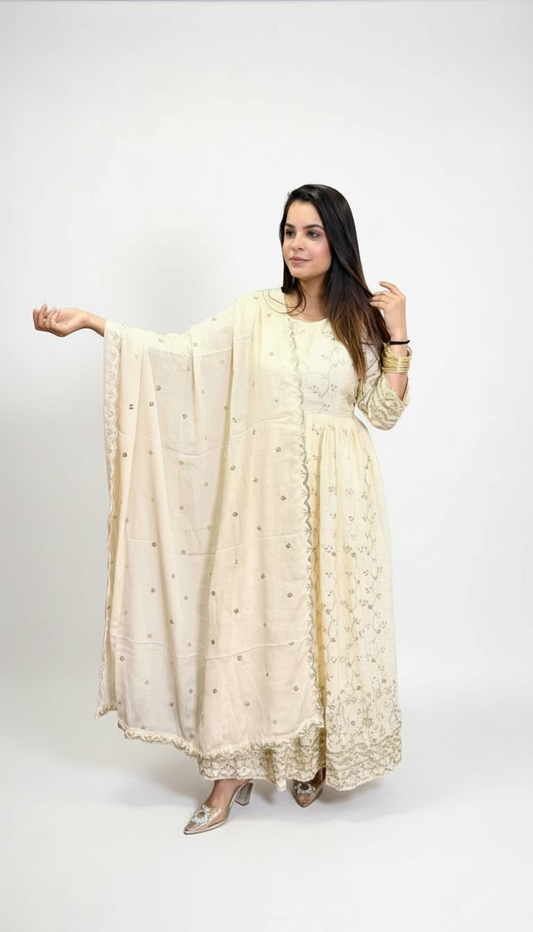 Cream Embroidered Anarkali Suit Set with Dupatta