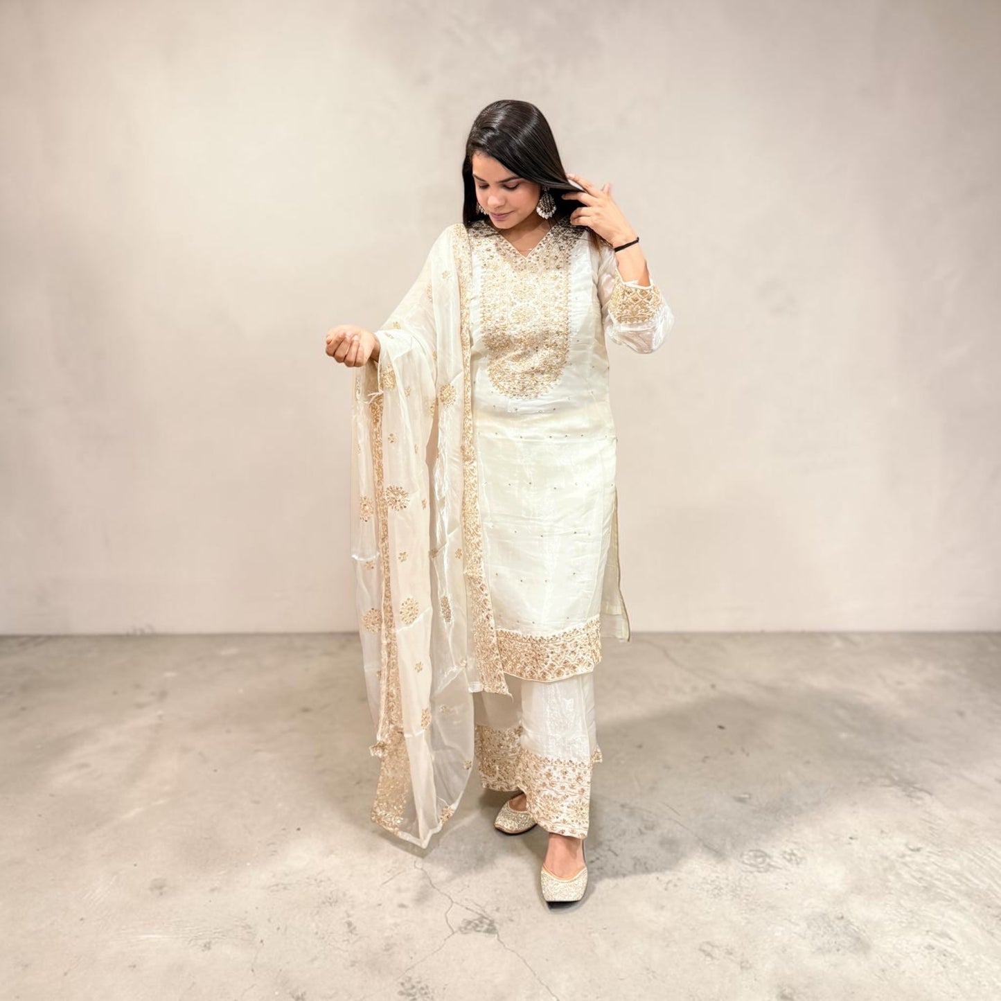 Off-White Gold Zari Embroidered Suit with Dupatta