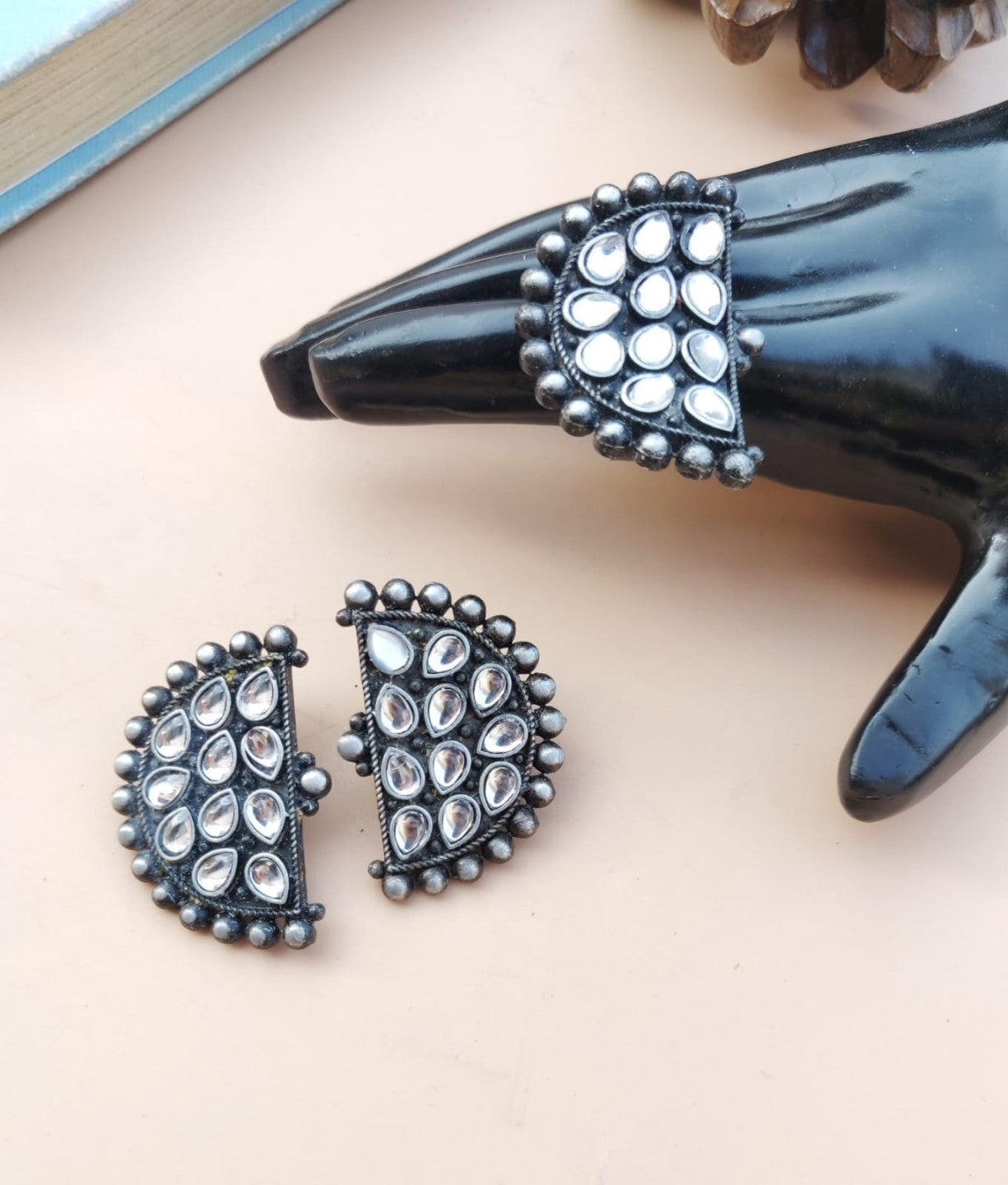 Silver Look D-Shape White Stone Ring & Earring Set