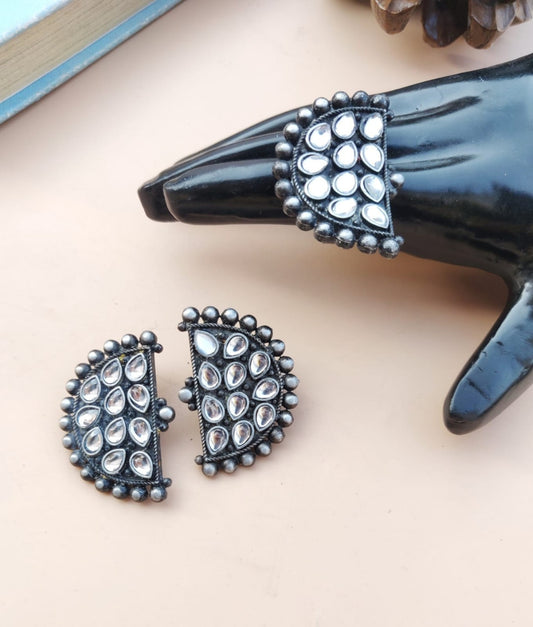 Silver Look D-Shape White Stone Ring & Earring Set