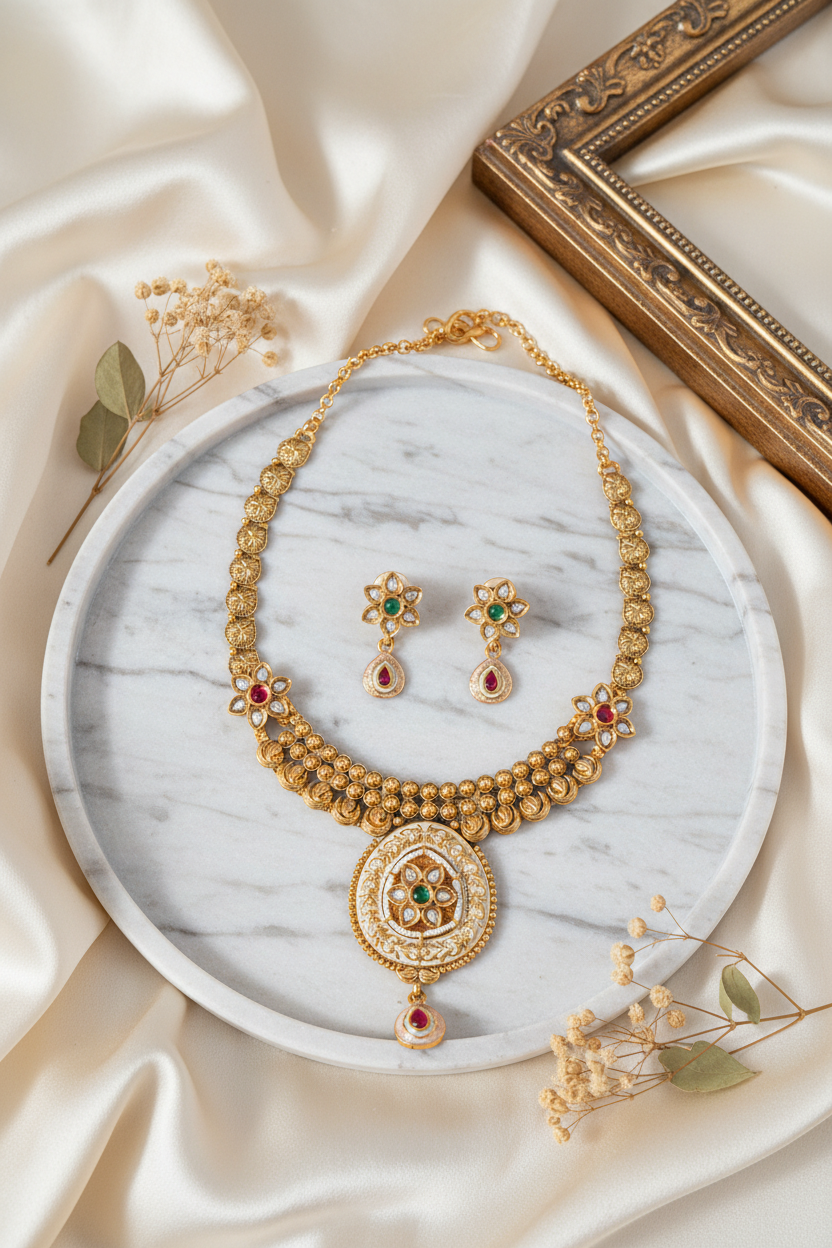 Antique Gold Kundan Meenakari Necklace Set – The House of Niya