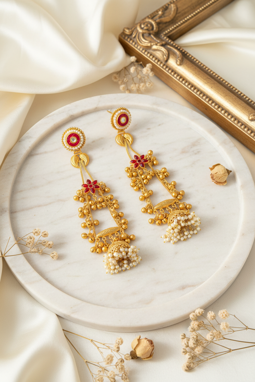 Antique Gold Ruby Meenakari Long Jhumka Earrings – The House of Niya