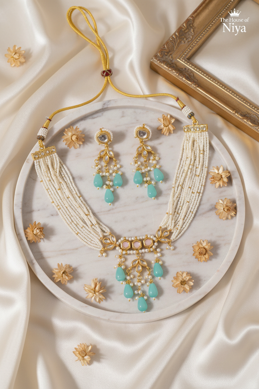 Aqua Kundan Choker Set – Earrings Together