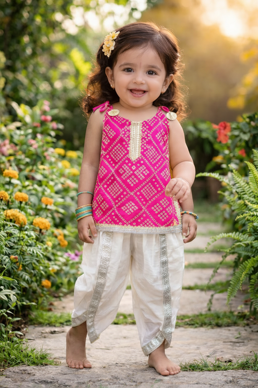 Baby girl model in pink Bandhani kurti white dhoti set
