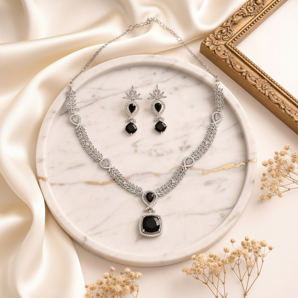 Black Cushion AD Pendant Necklace Set - Marble Background