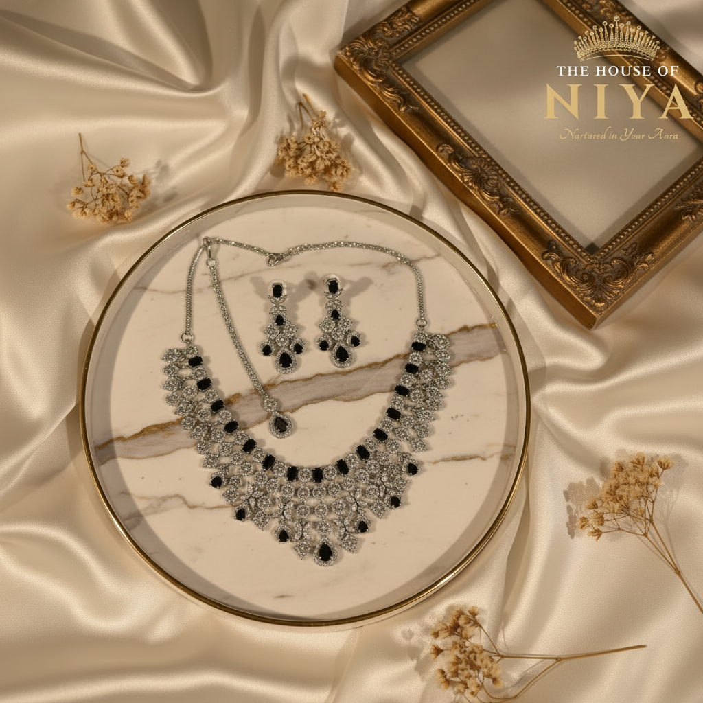 Black Silver AD Necklace Set - White Tray with Logo