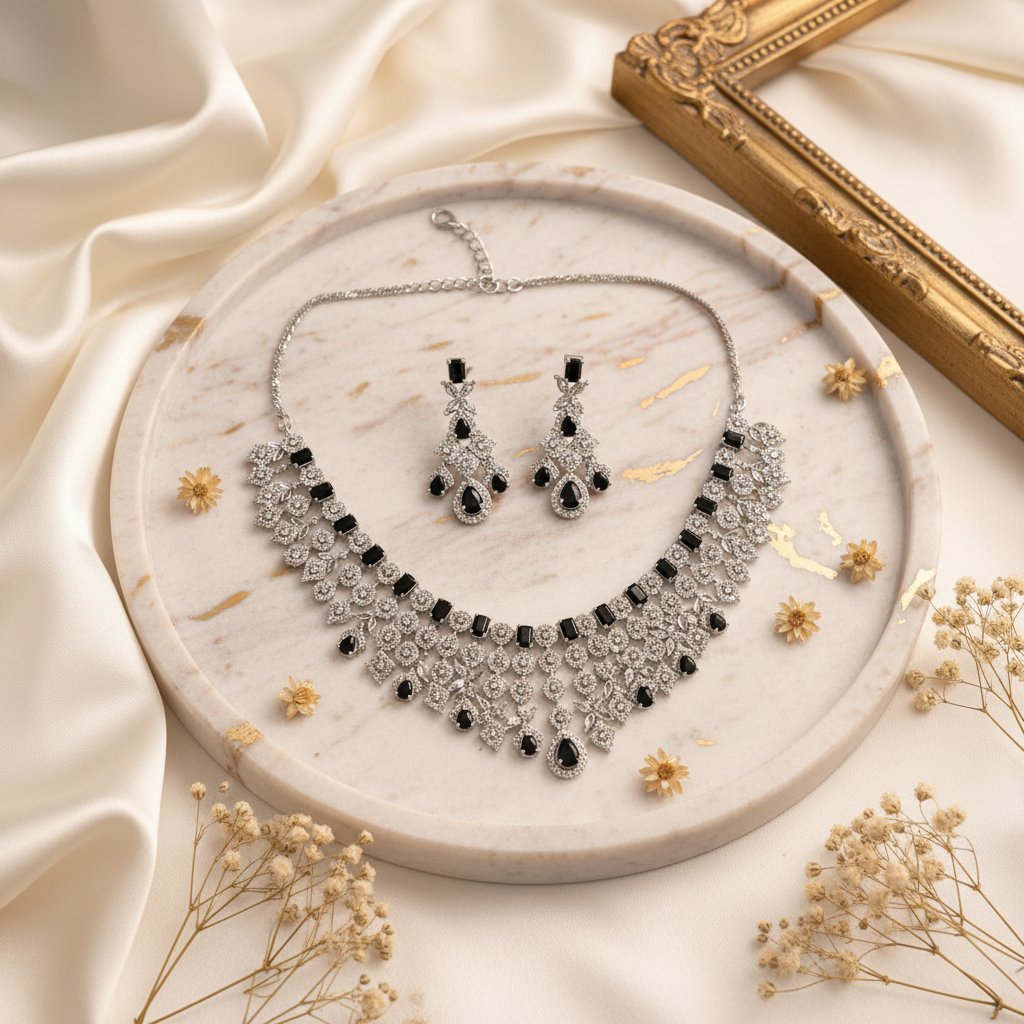Black Silver Floral AD Necklace Set - No Logo