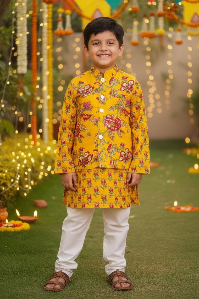 Boy in yellow floral kurta pajama set