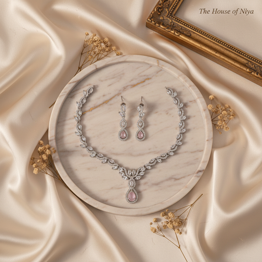 Clear Crystal Leaf Necklace Set on Marble Tray – The House of Niya