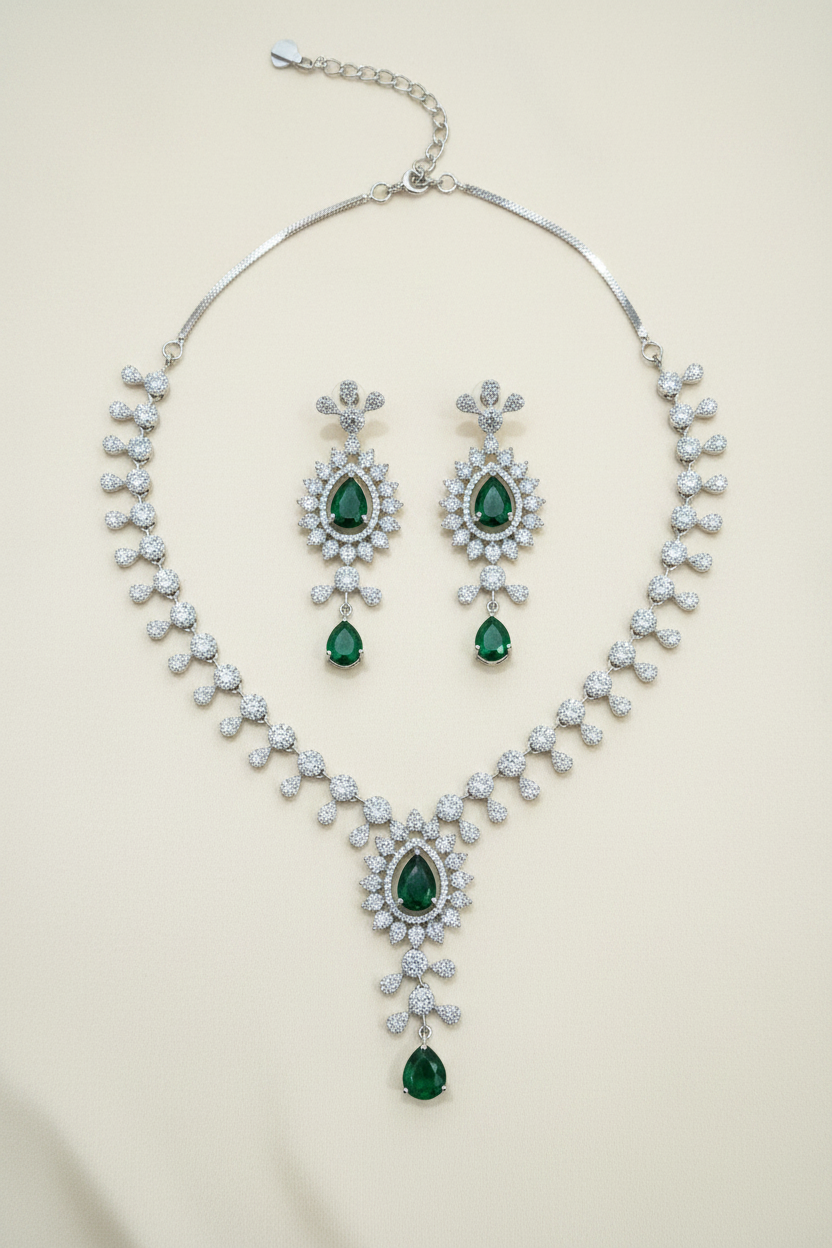 Emerald & Diamond Jewellery Set – Soft Cream Background