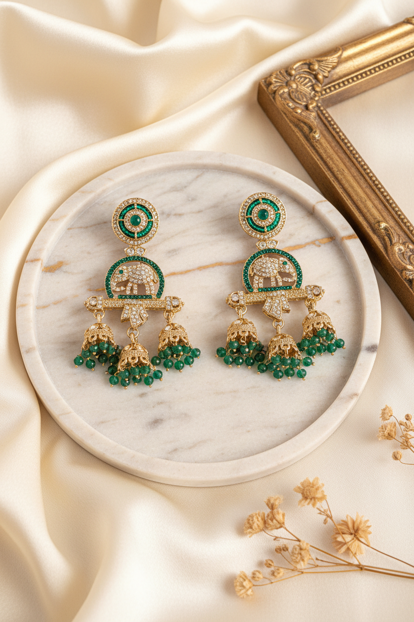 Emerald Elephant Motif Jhumka Earrings – The House of Niya