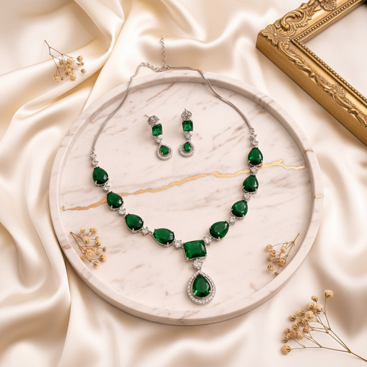 Emerald Green AD Pendant Necklace Set - Marble Background
