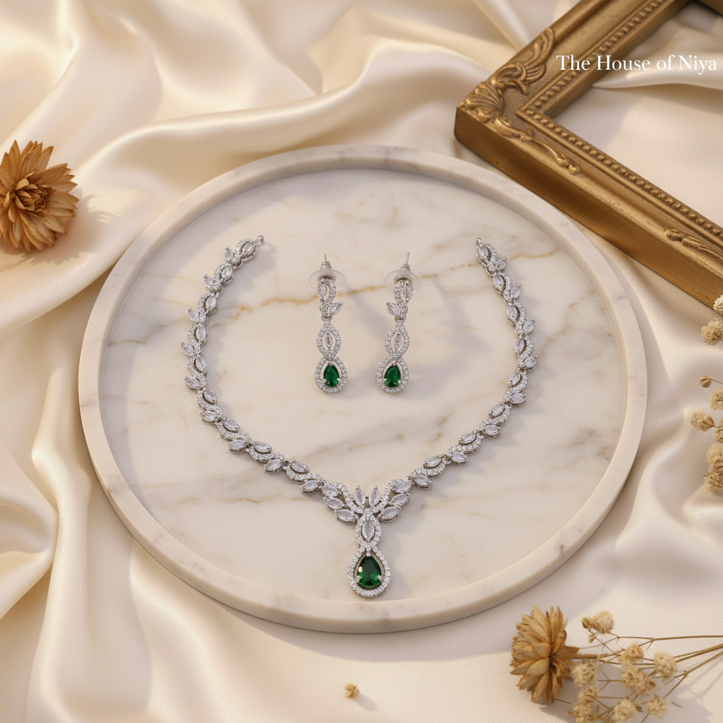 Emerald Green Leaf Necklace Set on Marble Tray – The House of Niya
