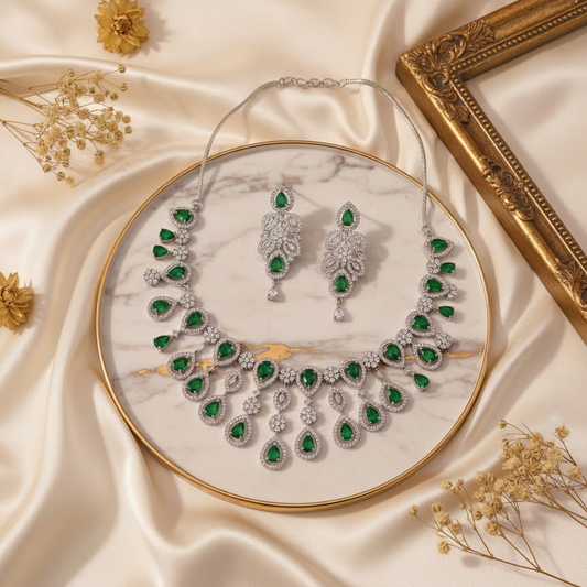 Emerald Necklace Set with Satin Background