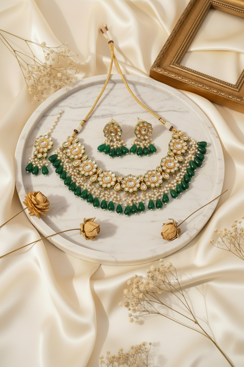 Emerald Polki Kundan Bridal Set – No Logo
