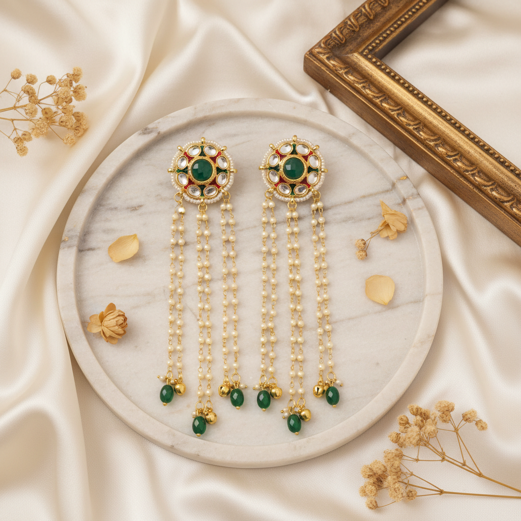 Gold Kundan Pearl Tassel Earrings - Marble Tray