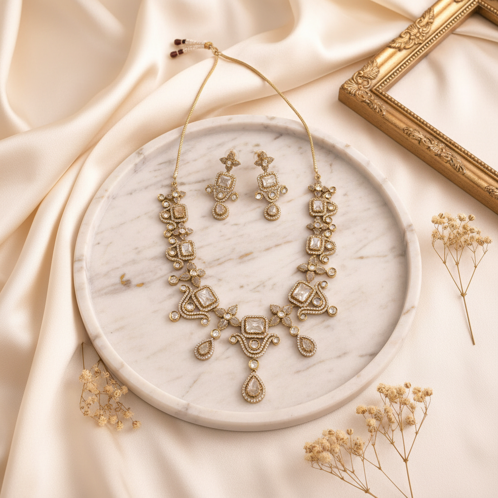 Gold Polki AD Necklace Set - Marble Background