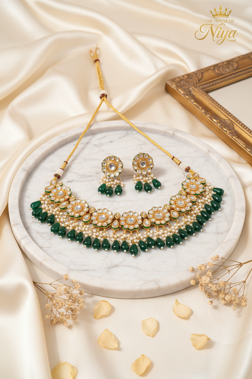 Emerald Polki Kundan Bridal Set styled – The House of Niya