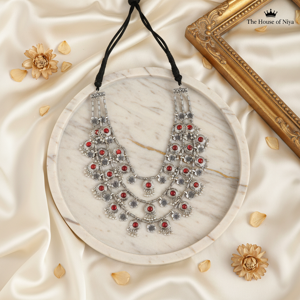 Oxidised Silver Red Stone Flower Necklace - styled tray shot