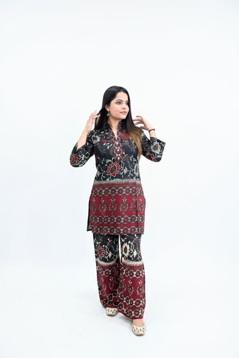 Black and maroon floral block print co-ord set - pose 1