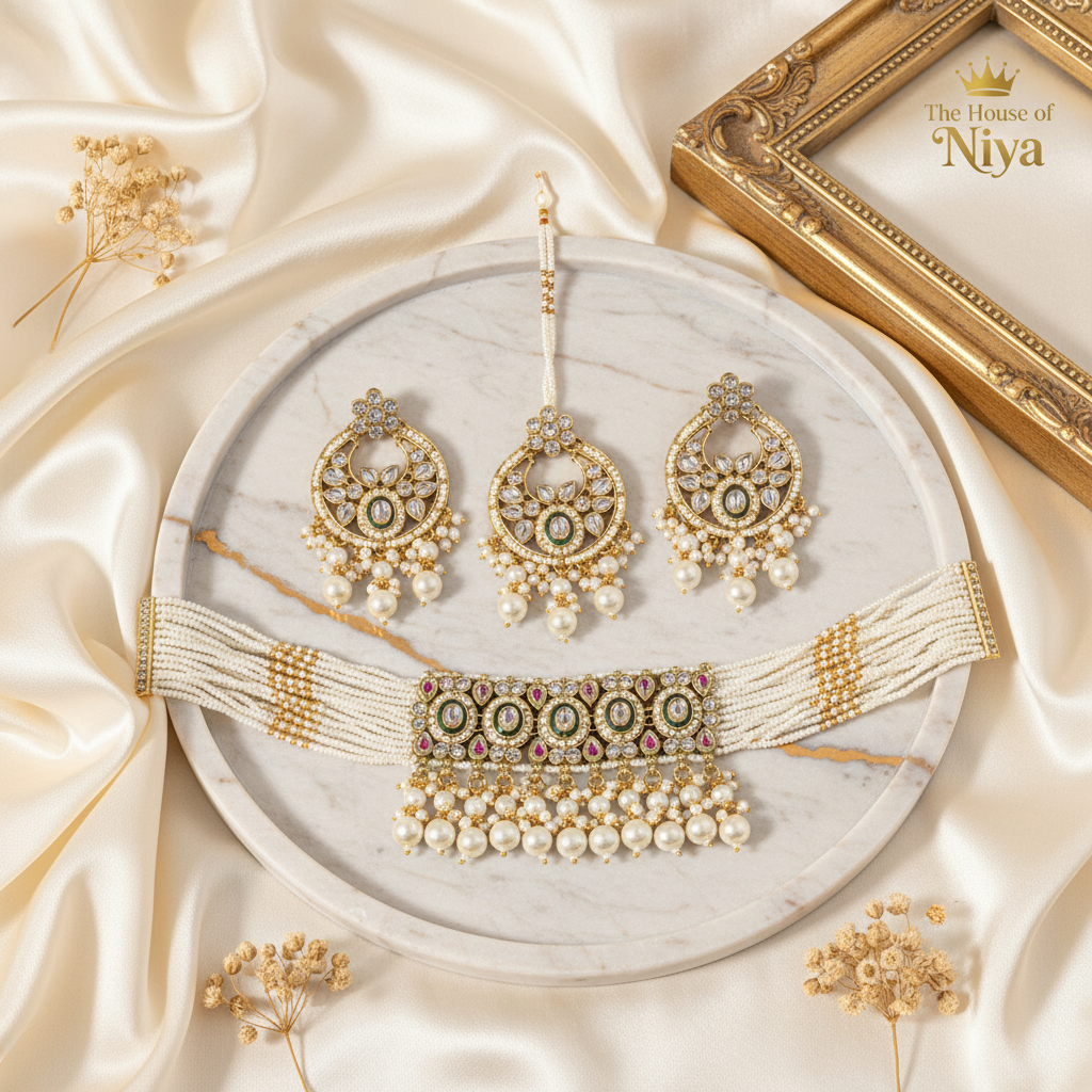 White pearl choker, chandbali earrings and tikka set on marble tray