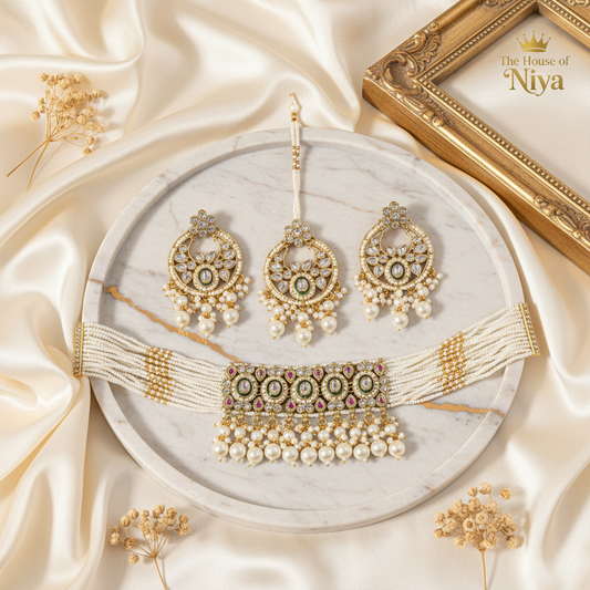 White pearl choker, chandbali earrings and tikka set on marble tray