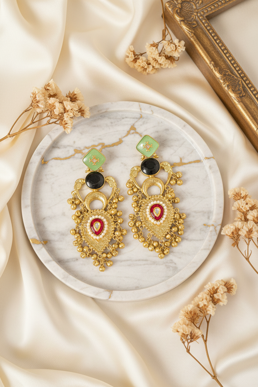 Antique Gold Mint & Ruby Meenakari Kashmiri Chandelier Earrings styled – The House of Niya