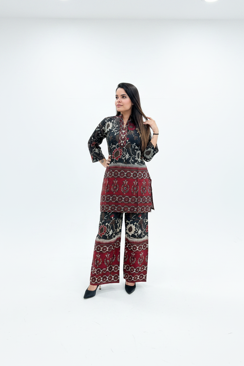 Black and maroon floral block print co-ord set - pose 2