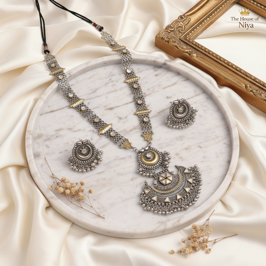 Dual Tone Afghani Long Necklace - styled tray shot