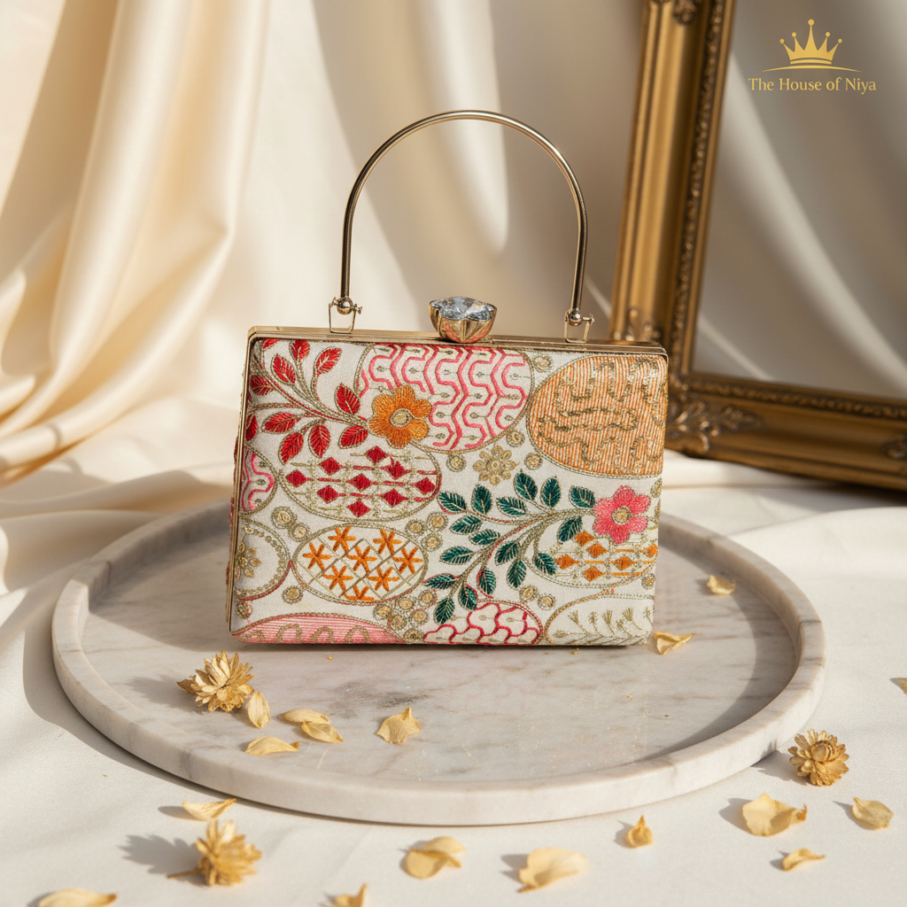 Cream embroidered box clutch with gold handle on marble tray