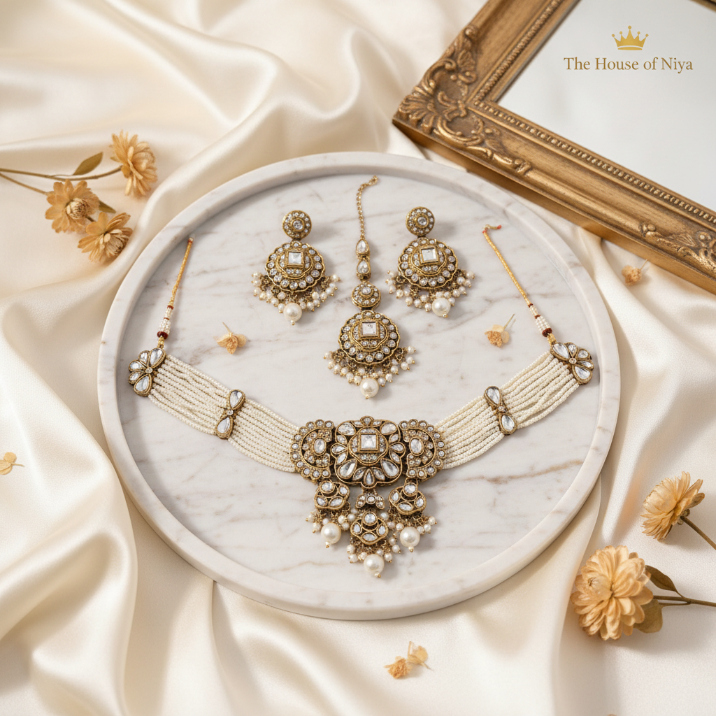 White pearl polki choker, chandbali earrings and tikka set on marble tray