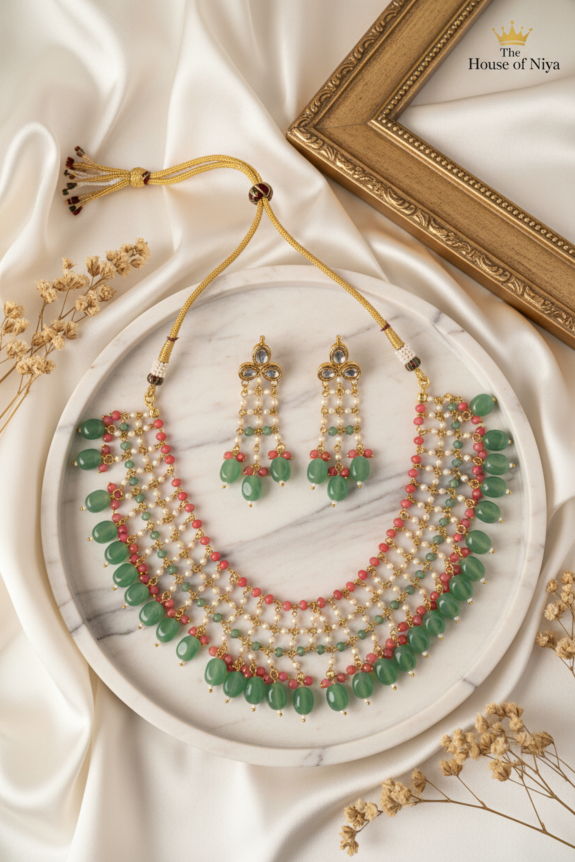 Jade & Coral Fringe Necklace Set – The House of Niya