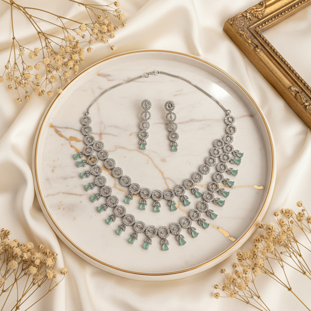 Mint Aqua AD Fringe Necklace Set - Marble Background