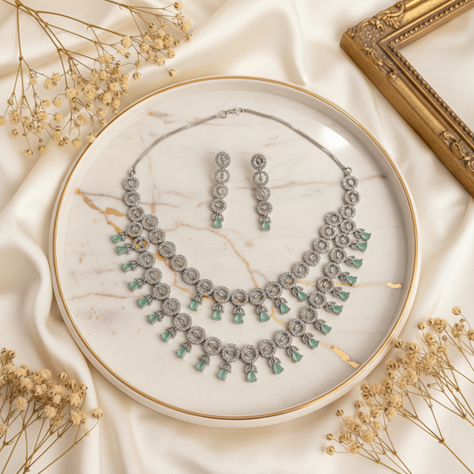 Mint Aqua AD Fringe Necklace Set - Marble Background