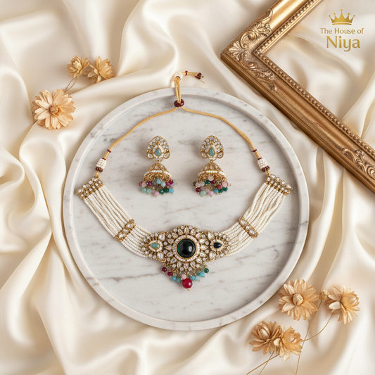 Multicolour Pearl Choker & Jhumka Set