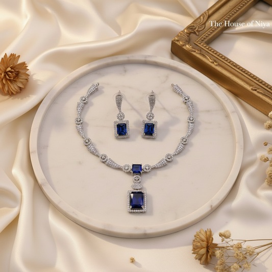 Navy Blue Sapphire Necklace Set on Marble Tray – The House of Niya