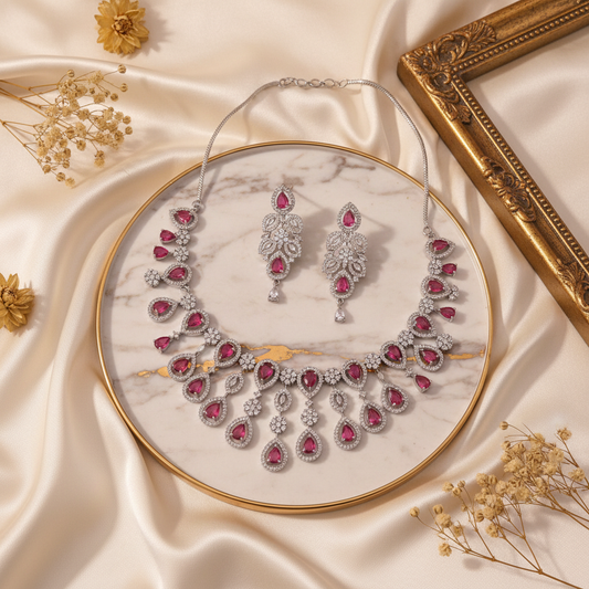Ruby necklace set with marble background