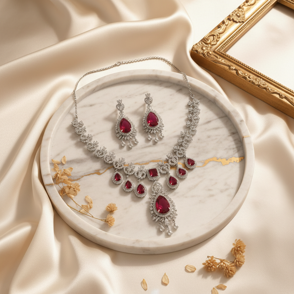 Ruby Red AD Statement Necklace Set - Marble Background