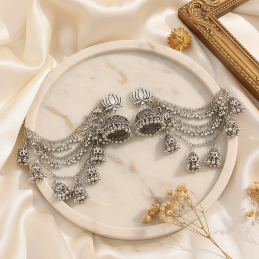 Silver Oxidised Lotus Jhumka Hair Chain - Marble Tray